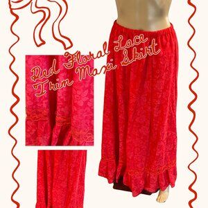 💃 Vintage Scarlet Red Floral Lace Trim Maxi Skirt | Cottagecore, Bohemian